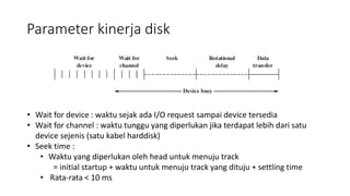 Parameter kinerja disk
• Wait for device : waktu sejak ada I/O request sampai device tersedia
• Wait for channel : waktu tunggu yang diperlukan jika terdapat lebih dari satu
device sejenis (satu kabel harddisk)
• Seek time :
• Waktu yang diperlukan oleh head untuk menuju track
= initial startup + waktu untuk menuju track yang dituju + settling time
• Rata-rata < 10 ms
 