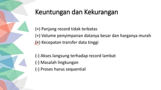 Keuntungan dan Kekurangan
(+) Panjang record tidak terbatas
(+) Volume penyimpanan datanya besar dan harganya murah
(+) Kecepatan transfer data tinggi
(-) Akses langsung terhadap record lambat
(-) Masalah lingkungan
(-) Proses harus sequential
 