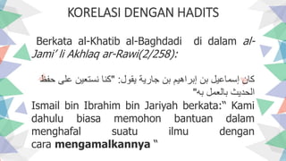 KORELASI DENGAN HADITS
Berkata al-Khatib al-Baghdadi di dalam al-
Jami’ li Akhlaq ar-Rawi(2/258):
‫يقول‬ ‫جارية‬ ‫بن‬ ‫إبراهيم‬ ‫بن‬ ‫إسماعيل‬ ‫كان‬" :‫حفظ‬ ‫على‬ ‫نستعين‬ ‫كنا‬
‫به‬ ‫بالعمل‬ ‫الحديث‬"
Ismail bin Ibrahim bin Jariyah berkata:“ Kami
dahulu biasa memohon bantuan dalam
menghafal suatu ilmu dengan
cara mengamalkannya “
 