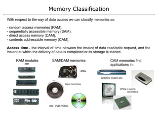 Memory Classification
With respect to the way of data access we can classify memories as:
- random access memories (RAM),
- sequentially accessible memory (SAM),
- direct access memory (DAM),
- contents addressable memory (CAM).
Access time - the interval of time between the instant of data read/write request, and the
instant at which the delivery of data is completed or its storage is started.
RAM modules SAM/DAM memories: CAM memories find
applications in:
switches, routers etc.
CPUs in cache
controllers
CD-, DVD-ROMS.
tape memories
HDDs
 