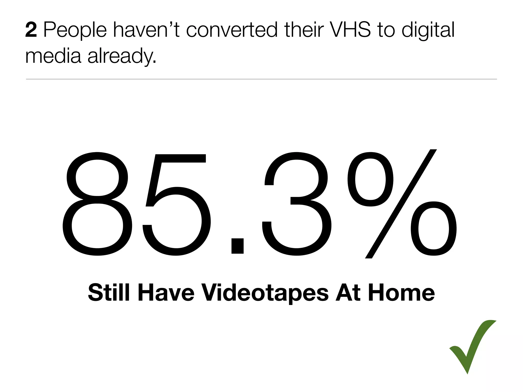 2 People haven’t converted their VHS to digital
media already.




   85.3%
      Still Have Videotapes At Home


                                             ✓
 