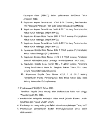 Keuangan Desa (PTPKD) dalam pelaksanaan APBDesa Tahun
Anggaran 2012;
3. Keputusan Kepala Desa Nomor 470 / 3 /2012 tentang Pembentukan
TIM Pelaksana Pengisian Profil Data Dasar Keluarga Desa Melung;
4. Keputusan Kepala Desa Nomor 148 / 4 /2012 tentang Pemberhentian
Ketua Rukun Tetangga (RT) 05 RW 03;
5. Keputusan Kepala Desa Nomor 148/ 5 /2012 tentang Pengangkatan
Ketua Rukun Tetangga (RT) 05 RW 03;
6. Keputusan Kepala Desa Nomor 148 / 6 /2012 tentang Pemberhentian
Ketua Rukun Tetangga (RT) 04 RW 03;
7. Keputusan Kepala Desa Nomor 148/ 7 /2012 tentang Pengangkatan
Ketua Rukun Tetangga (RT) 04 RW 03;
8. Keputusan Kepala Desa Nomor 412.2 / 8 /2012 tentang Penetapan
Bantuan Keuangan Kepada Lembaga – Lembaga Desa Tahun 2012;
9. Keputusan Kepala Desa Nomor 413 / 9 /2012 tentang Pemenang
Lelang Tanah Banda Desa Ex. Bengkok Sekdes Tahun 2012 Desa
Melung Kecamatan Kedungbanteng;
10. Keputusan Kepala Desa Nomor 413.1 / 10 /2012 tentang
Pembentukan Panitia Pembangunan Balai Desa Tahun 2012 Desa
Melung Kecamatan Kedungbanteng;
2. Pelaksanaan PILKADES Tahun 2013
Pemilihan Kepala Desa Melung telah dilaksanakan Pada Hari Minggu
Wage tanggal 5 Mei 2013.
3. Pelaksanaan Pengisian Perangkat Desa untuk jabatan Kepala Urusan
Keuangan dan Kepala Urusan Umum.
4. Pembangunan ruang serba guna Telah selasai samapi dengan Tahap ke V
5. Pelaksanaan pembentukan Badan Permusyawarahan Desa belum
dilaksanakan.
 