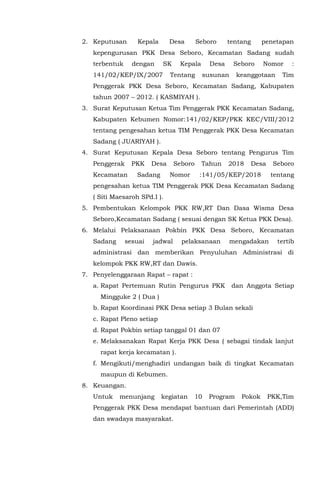 2. Keputusan Kepala Desa Seboro tentang penetapan
kepengurusan PKK Desa Seboro, Kecamatan Sadang sudah
terbentuk dengan SK Kepala Desa Seboro Nomor :
141/02/KEP/IX/2007 Tentang susunan keanggotaan Tim
Penggerak PKK Desa Seboro, Kecamatan Sadang, Kabupaten
tahun 2007 – 2012. ( KASMIYAH ).
3. Surat Keputusan Ketua Tim Penggerak PKK Kecamatan Sadang,
Kabupaten Kebumen Nomor:141/02/KEP/PKK KEC/VIII/2012
tentang pengesahan ketua TIM Penggerak PKK Desa Kecamatan
Sadang ( JUARIYAH ).
4. Surat Keputusan Kepala Desa Seboro tentang Pengurus Tim
Penggerak PKK Desa Seboro Tahun 2018 Desa Seboro
Kecamatan Sadang Nomor :141/05/KEP/2018 tentang
pengesahan ketua TIM Penggerak PKK Desa Kecamatan Sadang
( Siti Maesaroh SPd.I ).
5. Pembentukan Kelompok PKK RW,RT Dan Dasa Wisma Desa
Seboro,Kecamatan Sadang ( sesuai dengan SK Ketua PKK Desa).
6. Melalui Pelaksanaan Pokbin PKK Desa Seboro, Kecamatan
Sadang sesuai jadwal pelaksanaan mengadakan tertib
administrasi dan memberikan Penyuluhan Administrasi di
kelompok PKK RW,RT dan Dawis.
7. Penyelenggaraan Rapat – rapat :
a. Rapat Pertemuan Rutin Pengurus PKK dan Anggota Setiap
Mingguke 2 ( Dua )
b. Rapat Koordinasi PKK Desa setiap 3 Bulan sekali
c. Rapat Pleno setiap
d. Rapat Pokbin setiap tanggal 01 dan 07
e. Melaksanakan Rapat Kerja PKK Desa ( sebagai tindak lanjut
rapat kerja kecamatan ).
f. Mengikuti/menghadiri undangan baik di tingkat Kecamatan
maupun di Kebumen.
8. Keuangan.
Untuk menunjang kegiatan 10 Program Pokok PKK,Tim
Penggerak PKK Desa mendapat bantuan dari Pemerintah (ADD)
dan swadaya masyarakat.
 