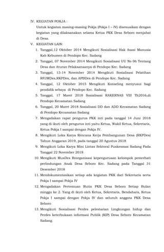 IV. KEGIATAN POKJA :
Untuk kegiatan masing–masing Pokja (Pokja I – IV) disesuaikan dengan
kegiatan yang dilaksanakan selama Ketua PKK Desa Seboro menjabat
di Desa.
V. KEGIATAN LAIN:
1. Tanggal,12 Oktober 2014 Mengikuti Sosialisasi Hak Asasi Manusia
Kab Kebumen di Pendopo Kec. Sadang
2. Tanggal, 07 November 2014 Mengikuti Sosialisasi UU No 06 Tentang
Desa dan Aturan Pelaksanaanya di Pendopo Kec. Sadang
3. Tanggal, 13-14 November 2014 Mengikuti Sosialisasi Pelatihan
RPJMDes,RKPDes, dan APBDes di Pendopo Kec. Sadang
4. Tanggal, 12 Oktober 2015 Mengikuti Konseling menyusui bagi
pendidik sebaya di Pendopo Kec. Sadang
5. Tanggal, 17 Maret 2018 Sosialisasi RAKERNAS VIII Th2016,di
Pendopo Kecamatan Sadang
6. Tanggal, 20 Maret 2018 Sosialisasi DD dan ADD Kecamatan Sadang
di Pendopo Kecamatan Sadang
7. Mengadakan rapat pengurus PKK inti pada tanggal 14 Juni 2018
yang di ikuti oleh pengurus inti yaitu Ketua, Wakil Ketua, Sekretaris,
Ketua Pokja I sampai dengan Pokja IV.
8. Mengikuti Loka Karya Rencana Kerja Pembangunan Desa (RKPDes)
Tahun Anggaran 2019, pada tanggal 20 Agustus 2018
9. Mengikuti Loka Karya Mini Lintas Sektoral Puskesmas Sadang Pada
Tanggal 22 November 2018
10. Mengikuti MusDes Reorganisasi kepengurusan kelompok pemerhati
perlindungan Anak Desa Seboro Kec. Sadang pada Tanggal 31
Desember 2018
11. Mendokumentasikan setiap ada kegiatan PKK dari Sekretaris serta
Pokja I sampai Pokja IV
12. Mengadakan Pertemuan Rutin PKK Desa Seboro Setiap Bulan
minggu ke 2. Yang di ikuti oleh Ketua, Sekretaris, Bendahara, Ketua
Pokja I sampai dengan Pokja IV dan seluruh anggota PKK Desa
Seboro
13. Mengikuti Sosialisasi Perdes pelestarian Lingkungan hidup dan
Perdes keterbukaan informasi Publik (KIP) Desa Seboro Kecamatan
Sadang.
 