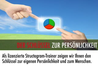 DER SCHLÜSSEL ZUR PERSÖNLICHKEIT
Als lizenzierte Structogram-Trainer zeigen wir Ihnen den
Schlüssel zur eigenen Persönlichkeit und zum Menschen.
 