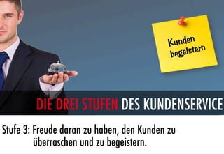 Kunden n
                                           begeister




        DIE DREI STUFEN DES KUNDENSERVICE
Stufe 3: Freude daran zu haben, den Kunden zu
         überraschen und zu begeistern.
 