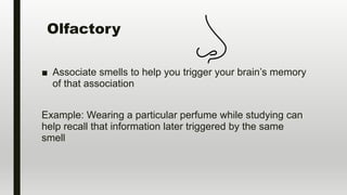 Olfactory
■ Associate smells to help you trigger your brain’s memory
of that association
Example: Wearing a particular perfume while studying can
help recall that information later triggered by the same
smell
 