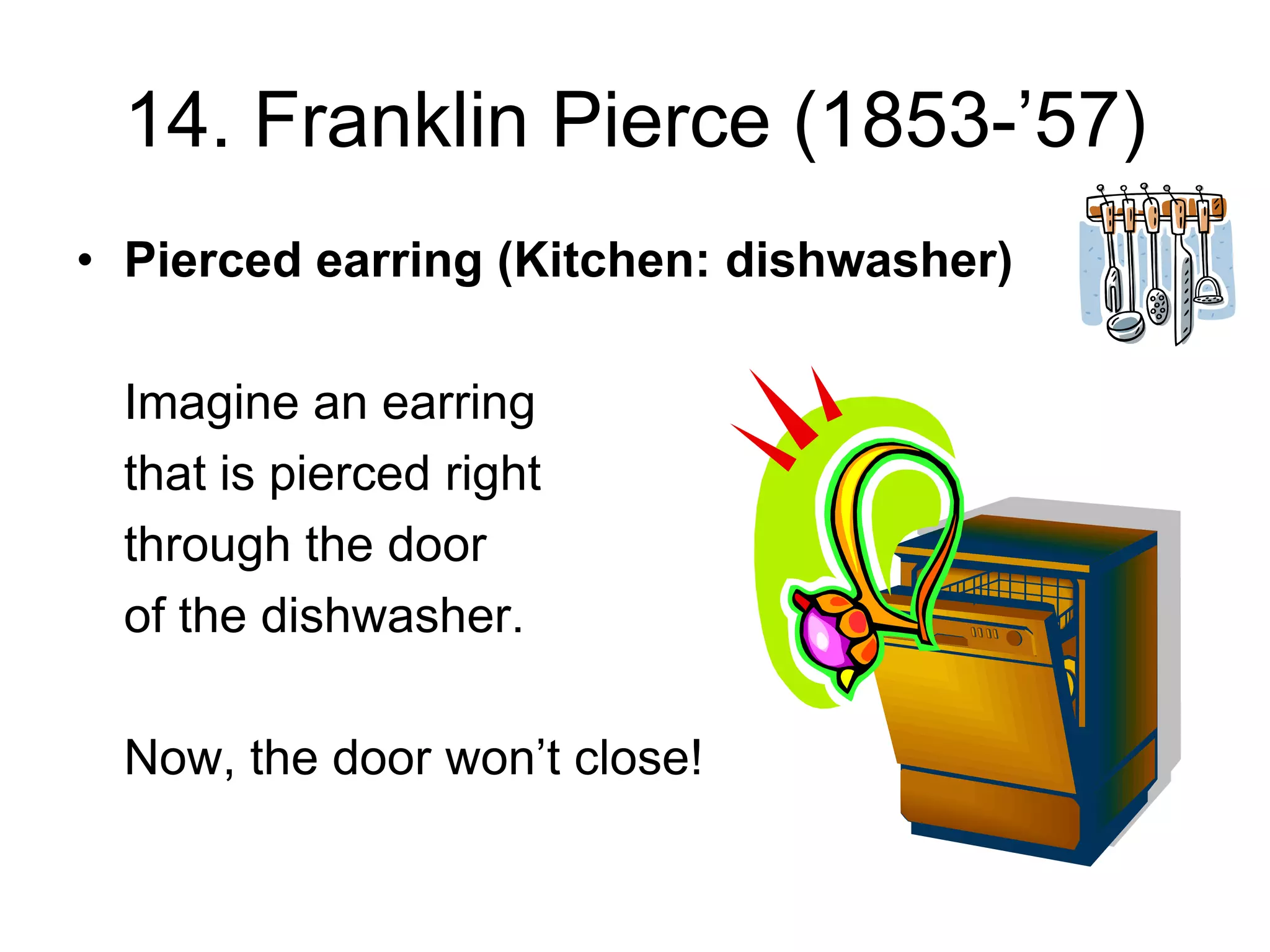 14. Franklin Pierce (1853-’57)
• Pierced earring (Kitchen: dishwasher)
Imagine an earring
that is pierced right
through the door
of the dishwasher.
Now, the door won’t close!
 