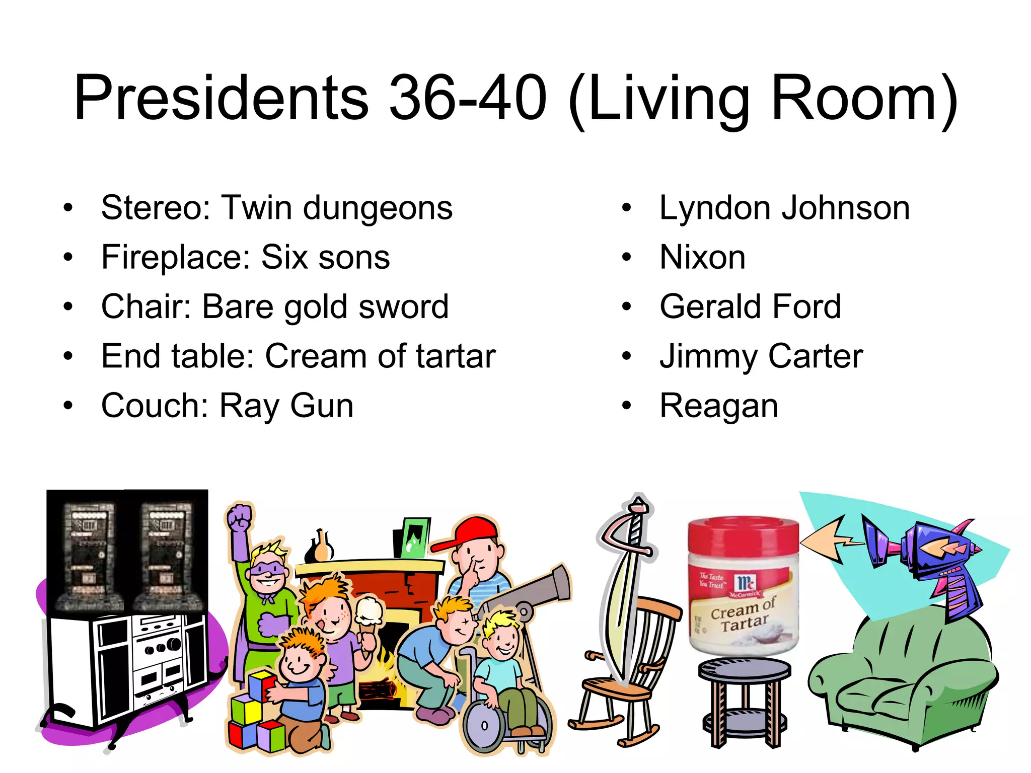 Presidents 36-40 (Living Room)
• Stereo: Twin dungeons
• Fireplace: Six sons
• Chair: Bare gold sword
• End table: Cream of tartar
• Couch: Ray Gun
• Lyndon Johnson
• Nixon
• Gerald Ford
• Jimmy Carter
• Reagan
 