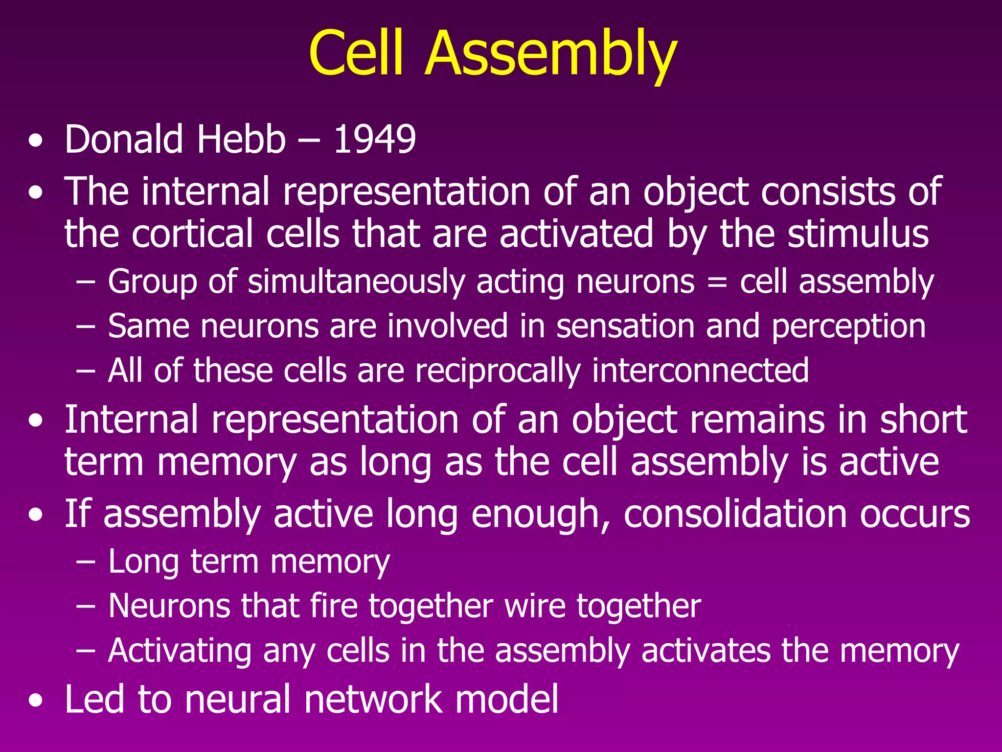 Cell Assembly   Donald Hebb – 1949 The internal representation of an object consists of the cortical cells that are activated by the stimulus Group of simultaneously acting neurons = cell assembly  Same neurons are involved in sensation and perception All of these cells are reciprocally interconnected Internal representation of an object remains in short term memory as long as the cell assembly is active If assembly active long enough, consolidation occurs Long term memory Neurons that fire together wire together Activating any cells in the assembly activates the memory Led to neural network model                        