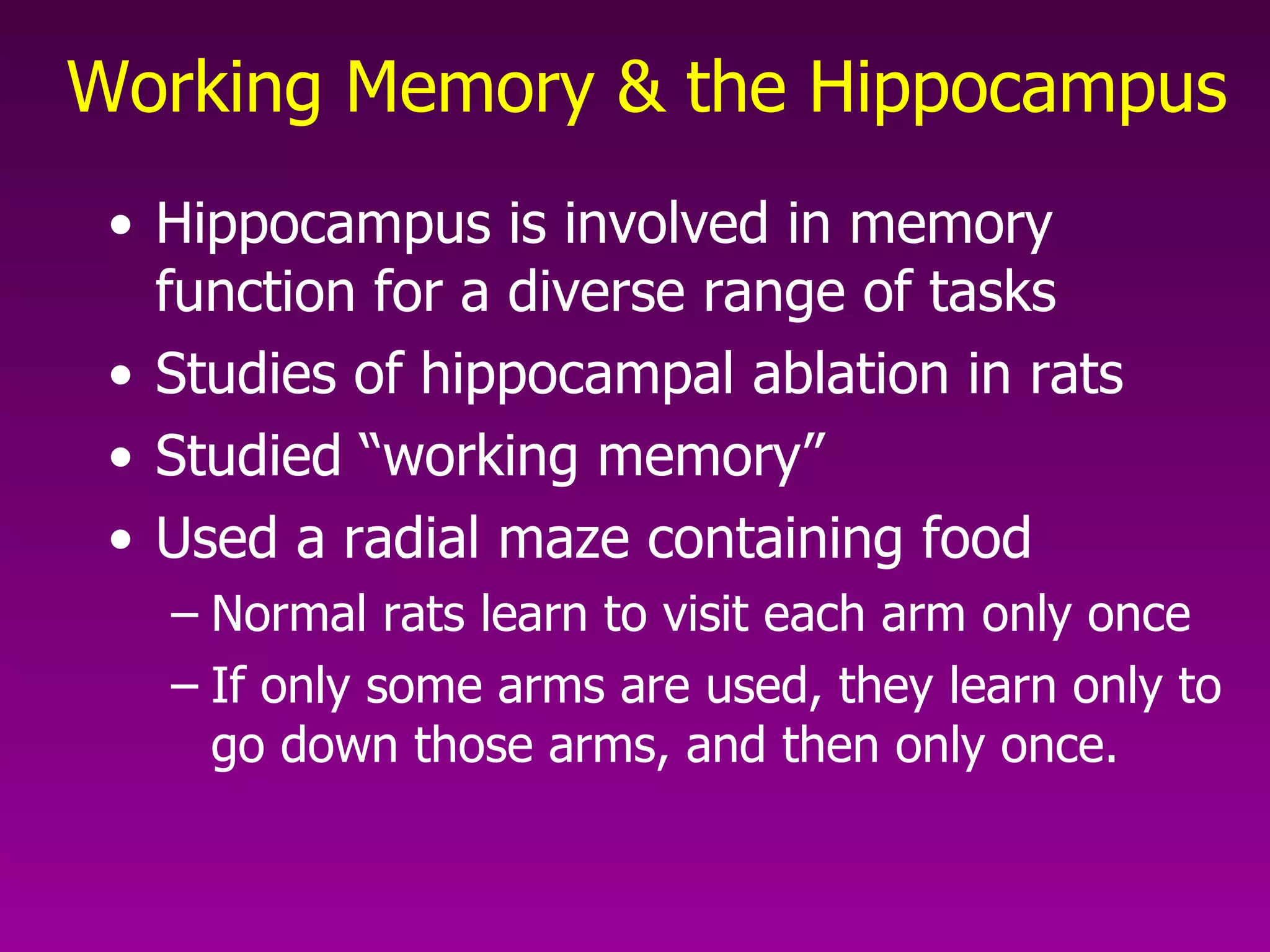 Working Memory & the Hippocampus   Hippocampus is involved in memory function for a diverse range of tasks Studies of hippocampal ablation in rats Studied “working memory” Used a radial maze containing food Normal rats learn to visit each arm only once If only some arms are used, they learn only to go down those arms, and then only once. 