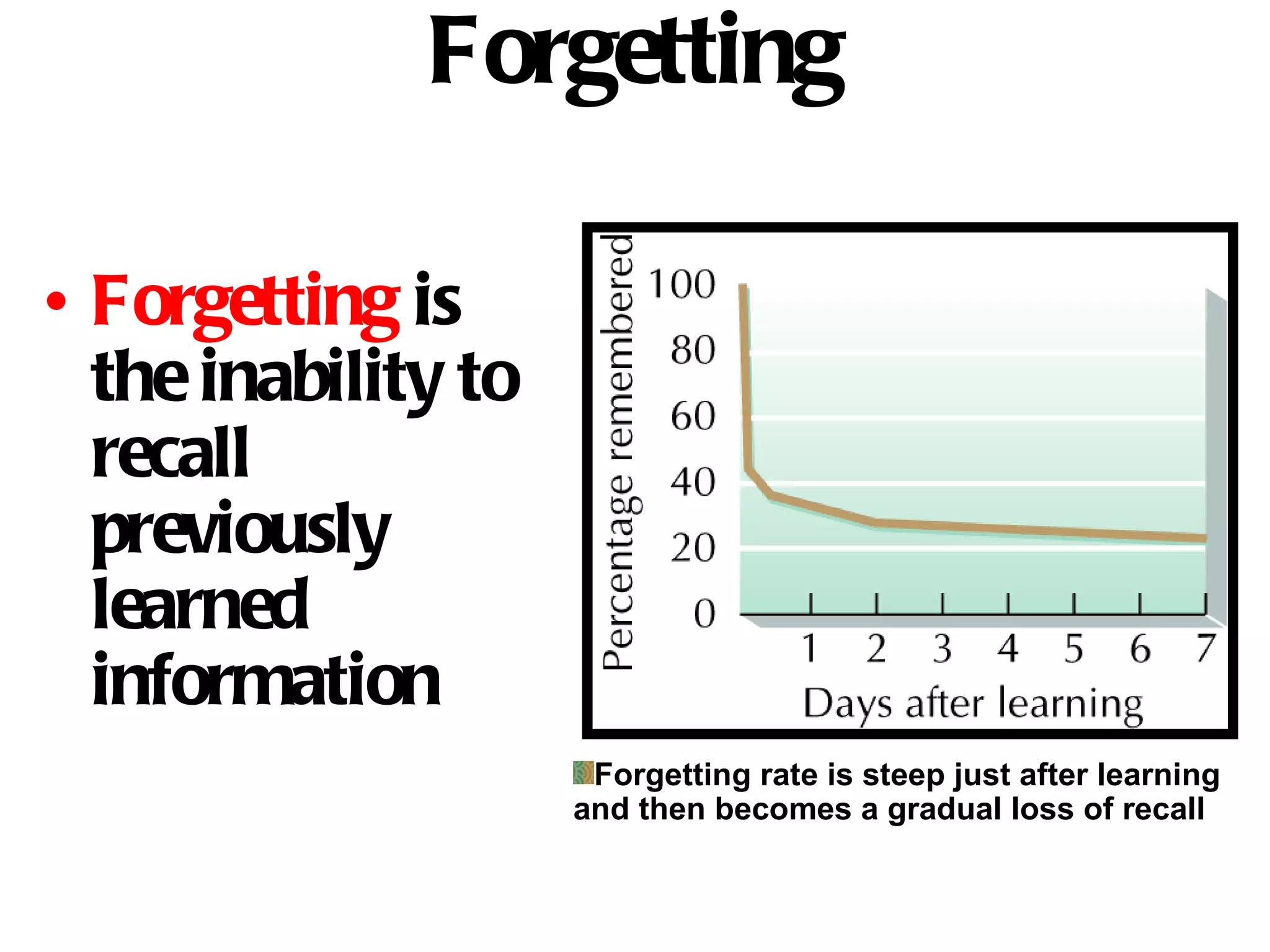 Forgetting Forgetting  is the inability to recall previously learned information Forgetting rate is steep just after learning and then becomes a gradual loss of recall 