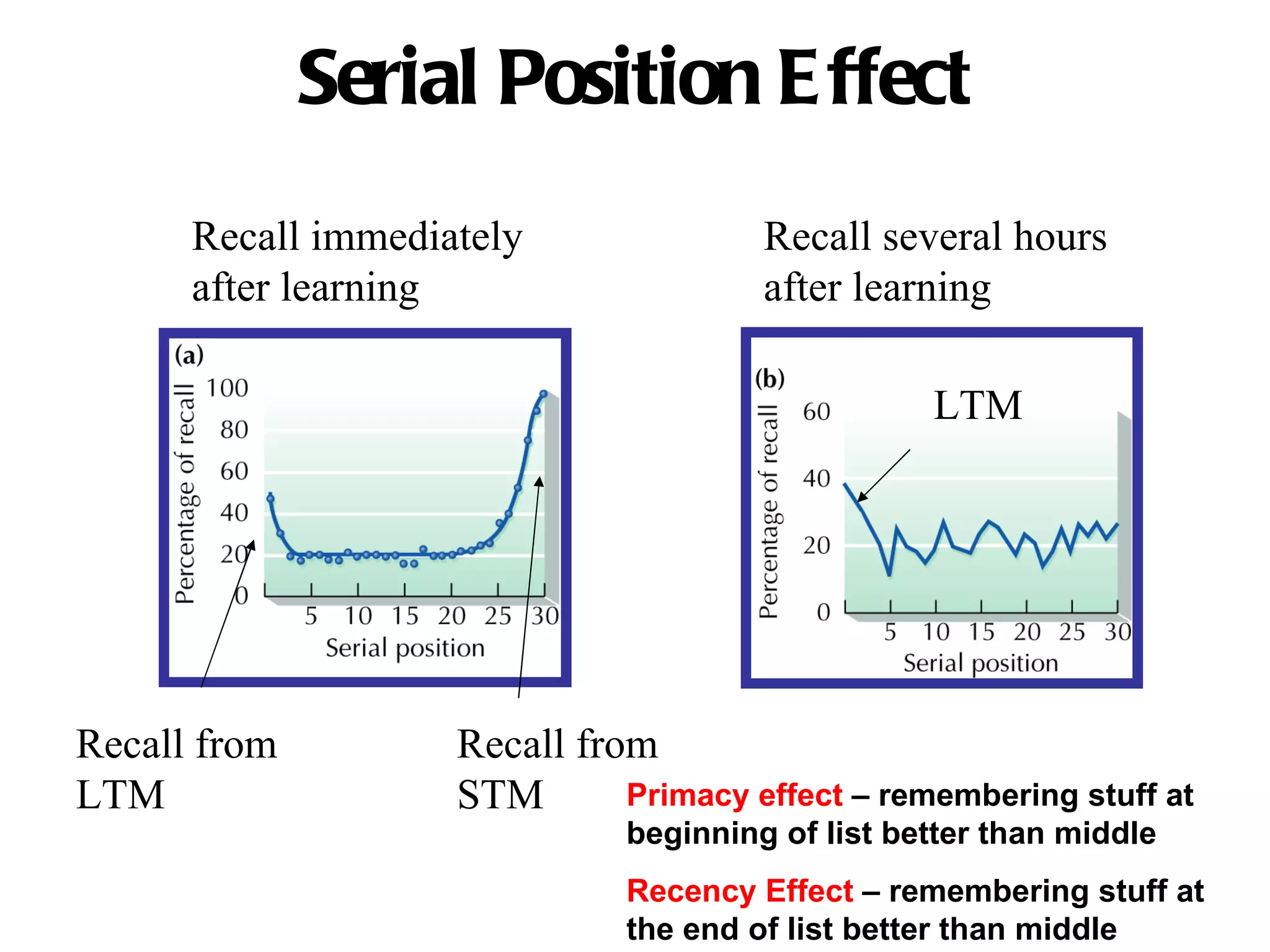 Serial Position Effect Recall immediately after learning Recall several hours after learning Recall from Recall from  LTM STM LTM Primacy effect  – remembering stuff at beginning of list better than middle Recency Effect  – remembering stuff at the end of list better than middle  
