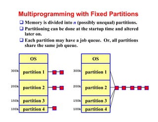 Multiprogramming with Fixed Partitions
       q Memory is divided into n (possibly unequal) partitions.
       q Partitioning can be done at the startup time and altered
         later on.
       q Each partition may have a job queue. Or, all partitions
         share the same job queue.

            OS                             OS

300k                             300k
        partition 1                     partition 1

200k                             200k
        partition 2                     partition 2

150k    partition 3              150k   partition 3
100k    partition 4              100k   partition 4
 