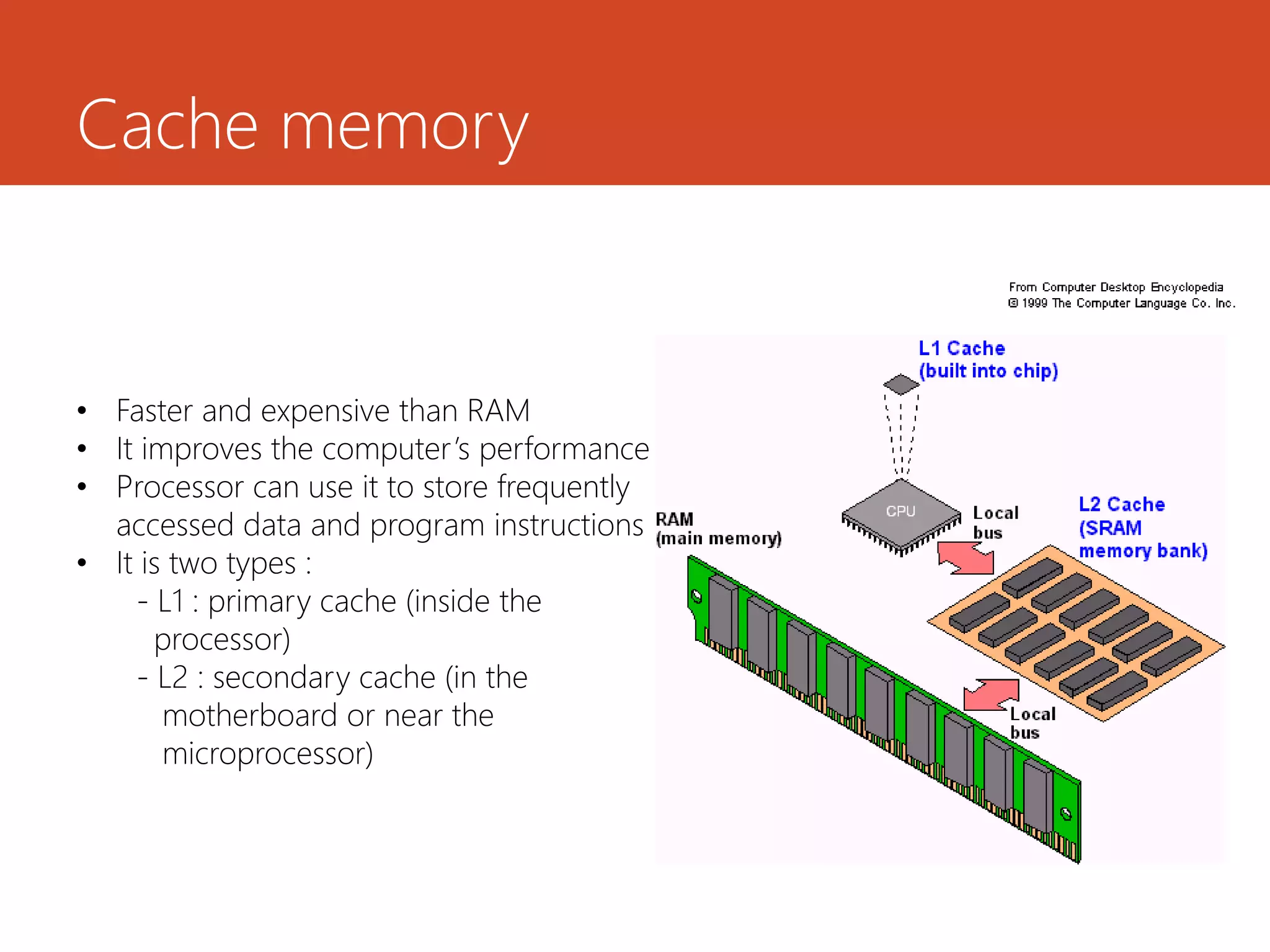 Cache memory
• Faster and expensive than RAM
• It improves the computer’s performance
• Processor can use it to store frequently
accessed data and program instructions
• It is two types :
- L1 : primary cache (inside the
processor)
- L2 : secondary cache (in the
motherboard or near the
microprocessor)
 