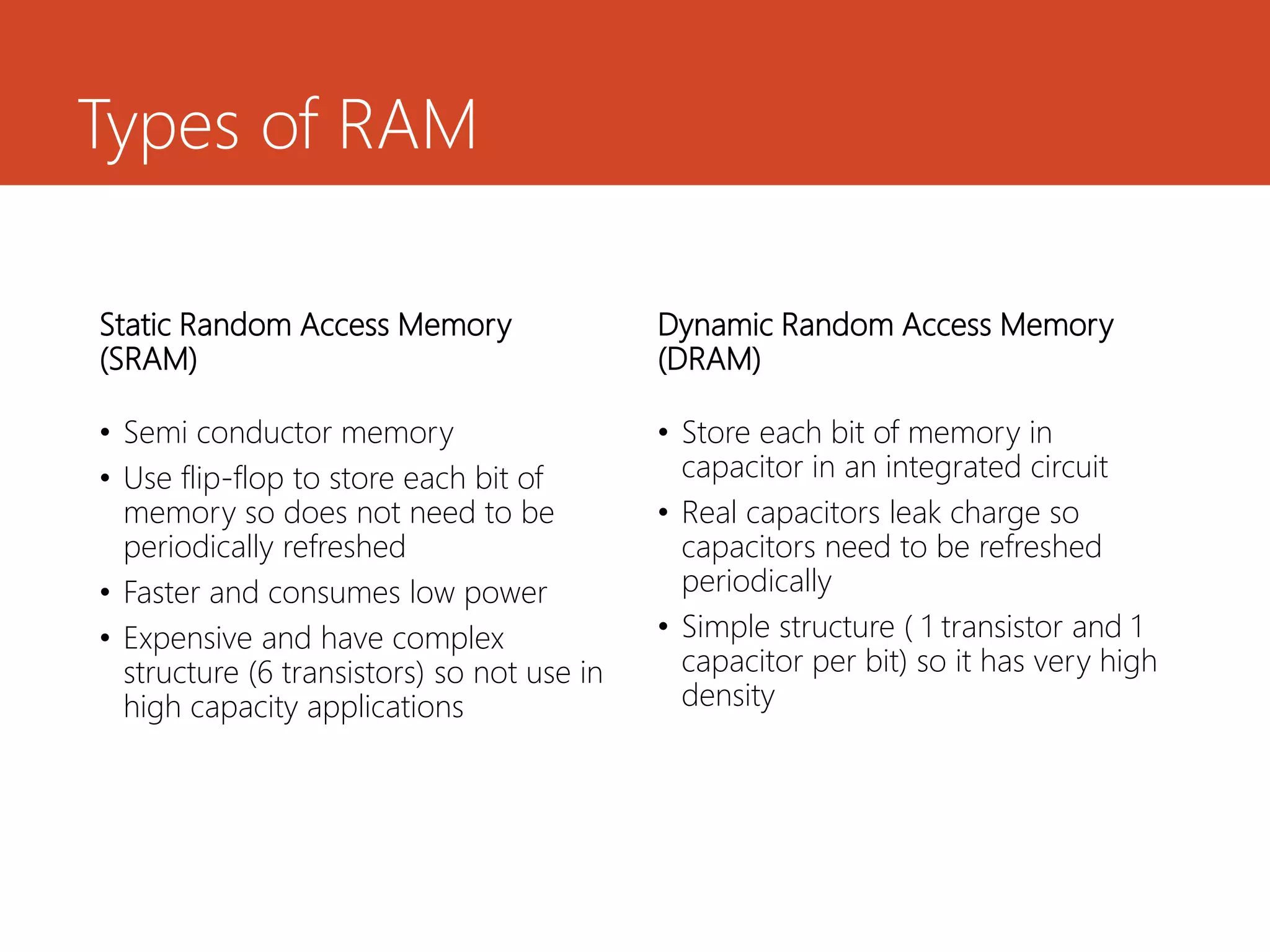 Types of RAM
Static Random Access Memory
(SRAM)
• Semi conductor memory
• Use flip-flop to store each bit of
memory so does not need to be
periodically refreshed
• Faster and consumes low power
• Expensive and have complex
structure (6 transistors) so not use in
high capacity applications
Dynamic Random Access Memory
(DRAM)
• Store each bit of memory in
capacitor in an integrated circuit
• Real capacitors leak charge so
capacitors need to be refreshed
periodically
• Simple structure ( 1 transistor and 1
capacitor per bit) so it has very high
density
 