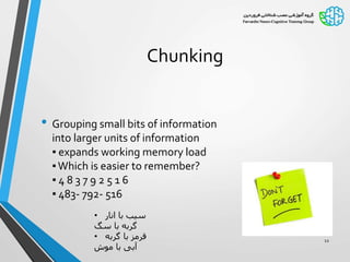 Chunking
• Grouping small bits of information
into larger units of information
▪ expands working memory load
▪Which is easier to remember?
▪ 4 8 3 7 9 2 5 1 6
▪ 483- 792- 516
• ‫انار‬ ‫با‬ ‫سیب‬
‫سگ‬ ‫با‬ ‫گربه‬
• ‫گربه‬ ‫با‬ ‫قرمز‬
‫موش‬ ‫با‬ ‫آبی‬
12
 