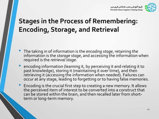 Stages in the Process of Remembering:
Encoding, Storage, and Retrieval
• The taking in of information is the encoding stage, retaining the
information is the storage stage, and accessing the information when
required is the retrieval stage.
• encoding information (learning it, by perceiving it and relating it to
past knowledge), storing it (maintaining it over time), and then
retrieving it (accessing the information when needed). Failures can
occur at any stage, leading to forgetting or to having false memories.
• Encoding is the crucial first step to creating a new memory. It allows
the perceived item of interest to be converted into a construct that
can be stored within the brain, and then recalled later from short-
term or long-term memory.
22
 