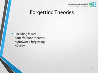ForgettingTheories
• Encoding failure
▪ Interference theories
▪ Motivated forgetting
▪ Decay
32
 