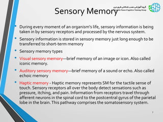 Sensory Memory
• During every moment of an organism's life, sensory information is being
taken in by sensory receptors and processed by the nervous system.
• Sensory information is stored in sensory memory just long enough to be
transferred to short-term memory
• Sensory memory types
• Visual sensory memory—brief memory of an image or icon.Also called
iconic memory.
• Auditory sensory memory—brief memory of a sound or echo.Also called
echoic memory
• Haptic memory - Haptic memory represents SM for the tactile sense of
touch. Sensory receptors all over the body detect sensations such as
pressure, itching, and pain. Information from receptors travel through
afferent neurons in the spinal cord to the postcentral gyrus of the parietal
lobe in the brain.This pathway comprises the somatosensory system.
7
 
