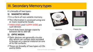 III. Secondary Memory:types
It is broadly of two types-
1) MAGNETIC MEDIA
It is a form of non-volatile memory.
The information is accessed using one
or more read/write heads.
HARD DISKS and FLOPPY DISKS are
such devices
Hard disks have storage capacity
between 80 to 300 GB.
1) OPTIC MEDIA
Optic devices are generally circular
disc which can contain data encoded
in bumps on a special material on one
of its flat surfaces.
These are broadly of two types-a) CDs
and b) DVDs
Hard disk Floppy disk
CD DVD
Shaikh Ashraful Alam |ACCE,BSMRSTU
 