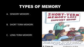 TYPES OF MEMORY
A. SENSORY MEMORY .
B. SHORT TERM MEMORY.
C. LONG TERM MEMORY.
 