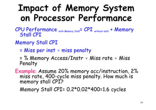 Impact of Memory System
on Processor Performance
CPU Performance with Memory Stall= CPI without stall + Memory
Stall CPIStall CPI
Memory Stall CPI
= Miss per inst × miss penalty
= % Memory Access/Instr × Miss rate × Miss
Penalty
Example: Assume 20% memory acc/instruction, 2%
miss rate, 400-cycle miss penalty. How much is
19
Example: Assume 20% memory acc/instruction, 2%
miss rate, 400-cycle miss penalty. How much is
memory stall CPI?
Memory Stall CPI= 0.2*0.02*400=1.6 cycles
 