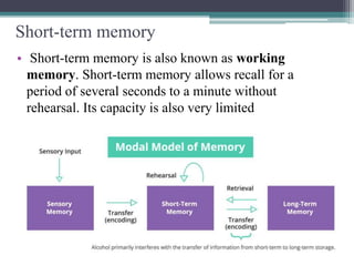 Short-term memory
• Short-term memory is also known as working
memory. Short-term memory allows recall for a
period of several seconds to a minute without
rehearsal. Its capacity is also very limited
 