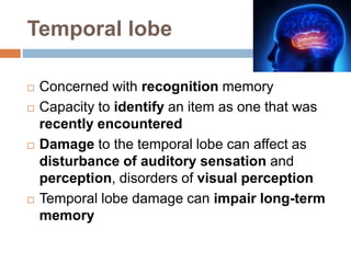 Temporal lobe
 Concerned with recognition memory
 Capacity to identify an item as one that was
recently encountered
 Damage to the temporal lobe can affect as
disturbance of auditory sensation and
perception, disorders of visual perception
 Temporal lobe damage can impair long-term
memory
 