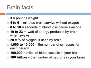 Brain facts
 3 = pounds weight
 4 to 6 = minutes brain survive without oxygen
 8 to 10 = seconds of blood loss cause syncope
 10 to 23 = watt of energy produced by brain
when awake
 20 = % of oxygen is used by brain
 1,000 to 10,000 = the number of synapses for
each neuron
 100,000 = miles of blood vessels in your brain
 100 billion = the number of neurons in your brain
 