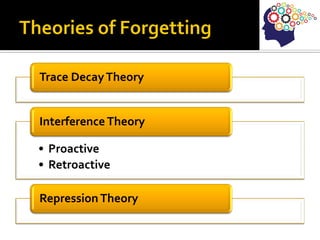 Trace DecayTheory
• Proactive
• Retroactive
Interference Theory
RepressionTheory
 