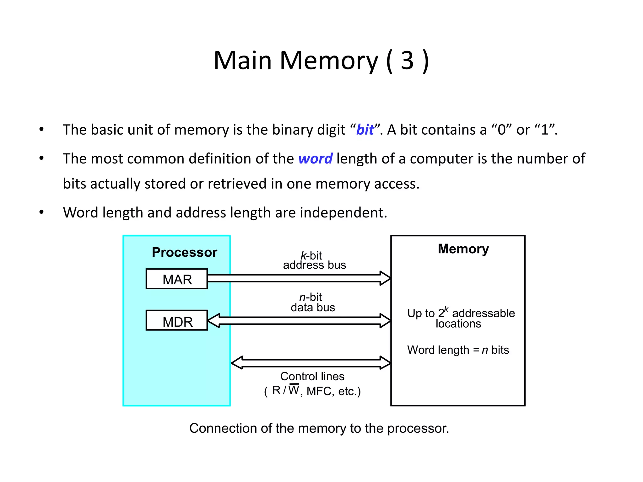 Main Memory ( 3 )
• The basic unit of memory is the binary digit “bit”. A bit contains a “0” or “1”.
• The most common definition of the word length of a computer is the number of
bits actually stored or retrieved in one memory access.
• Word length and address length are independent.
Up to 2k
addressable
MDR
MAR
Connection of the memory to the processor.
k-bit
address bus
n-bit
data bus
Control lines
( , MFC, etc.)
Processor Memory
locations
Word length = n bits
W
R /
 