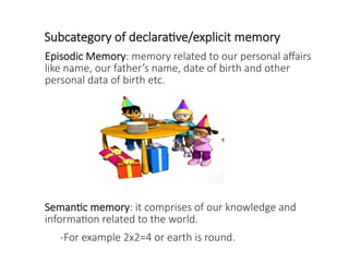Subcategory of declarative/explicit memory
Episodic Memory: memory related to our personal affairs
like name, our father’s name, date of birth and other
personal data of birth etc.
Semantic memory: it comprises of our knowledge and
information related to the world.
-For example 2x2=4 or earth is round.
 