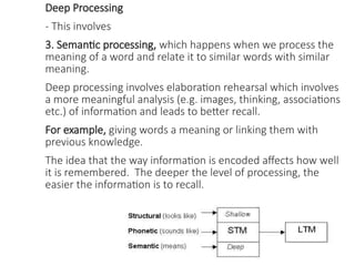 Deep Processing
- This involves
3. Semantic processing, which happens when we process the
meaning of a word and relate it to similar words with similar
meaning.
Deep processing involves elaboration rehearsal which involves
a more meaningful analysis (e.g. images, thinking, associations
etc.) of information and leads to better recall.
For example, giving words a meaning or linking them with
previous knowledge.
The idea that the way information is encoded affects how well
it is remembered. The deeper the level of processing, the
easier the information is to recall.
 