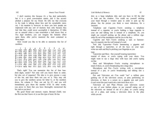 182 Amaze Your Friends
I don't mention this because it's a big deal particularly,
but it is a good conversation starter, and it has accom-
plished a purpose for my friend. He tells me that everyone
in his trade is talking about him and his remarkable mem-
ory. I do mention it, however, to show you how people are
impressed with any sort of memory feat; only because they
feel that they could never accomplish it themselves. If folks
are so amazed when a man remembers a half dozen four or
five digit numbers, you can imagine the fantastic effect
upon them, after you've mastered the stunt contained in
these pages.
How would you like to be able to memorize this list of
numbers:
That's right! You can memorize this list of four hun-
dred digits, easily!! Not only will you know them in order,
but also out of sequence! The idea is to give anyone a copy
of this list, and have them test you on it. They may ask
you to give the numbers across for letter G, or the numbers
down, for column 4. They can ask for E7, and you will
immediately give them the number 6720. In other words,
you prove to them that you have thoroughly memorized the
list; and so you have!
My good friend and memory expert, Bernard Zufall, was
the first one that I know of, to use this type of stunt. He has
Link Method of Memory 43
dow as a large telephone dial, and you have to lift the dial
to look out the window. You could see yourself sticking
your hand through a window pane in order to pick up the
phone. See the picture you think is most ridiculous, for a
moment.
Telephone and Cigarette—You're smoking a telephone
instead of a cigarette; or you're holding a large cigarette to
your ear and talking into it instead of a telephone. Or, you
might see yourself picking up the phone and a million ciga-
rettes fly out of the mouthpiece and hit you in the face.
Cigarette and Nail—You're smoking a nail; or hammer-
ing a lit cigarette into the wall instead of a nail.
Nail and Typewriter—You're hammering a gigantic nail
right through a typewriter, or all the keys on your type-
writer are nails and they're pricking your fingertips as you
type-
Typewriter and Shoe—See yourself wearing typewriters
instead of shoes, or you're typing with your shoes. You
might want to see a large shoe with keys and you're typing
on that.
Shoe and Microphone—You're wearing microphones in-
stead of shoes, or, you're broadcasting into a large shoe.
Microphone and Pen—You're writing with a microphone
instead of a pen, or you're broadcasting and talking into a
giant pen.
Pen and Television set—You could "see" a million pens
gushing out of the television screen, or pens performing on
television, or there is a screen on a gigantic pen and you're
(I can't resist this pun) watch-ink a television show on it.
Television set and Plate—Picture your television screen
as one of your kitchen plates, or see yourself eating out of
the television set instead of out of a plate, or—you're eating
out of a plate, and seeing a television show in the plate
while you eat.
 