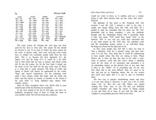 The exact system for forming the card pegs has been
used for the Aces to Tens only. The reason for this should
be obvious to you. If we were to follow the same system for
the court, or picture cards, each court card peg word would
have to contain two consonant sounds aside from the first
letter. This is so because the Jack represents #11, the
Queen—#12 and the King—#13. It would be a bit diffi-
cult to find words that are easy to picture, and which would
still fit into the system. So, for the four Jacks I simply use
the name of the suit itself for the peg word; each of which
is a word that is easily pictured. The King of Clubs and
Queen of Hearts will always be represented by the words,
"king" and "queen" respectively. For the remaining court
cards I have chosen words that begin with the initial suit
letter, and that rhyme as closely as possible to the sound of
the card itself, i.e. King (Spades)—sing: Queen (Dia-
monds)—dream.
Don't let these exceptions throw you, they'll stick in your
mind because of the fact that they are exceptions.
If you have looked at the list of card pegs, you have un-
doubtedly recognized some of them as being the same as
your number words. This will not create any confusion
More about Names and Faces 141
would see wicks in them, as in candles, and see a woman
trying to take them because they are her wicks. Her wick—
Horwick.
The publisher of this book is Mr. Frederick Fell. The
moment I met Mr. Fell, I noticed a cleft in his chin. I
simply saw things falling from this cleft, and that's all I
needed to help me remember that his name was Mr. Fell.
Remember that in these examples, I give the substitute
thought and the outstanding feature that I personally think
is best. The name, "Fell" could have meant "feel," or the
material, "felt" to you, and you could have associated that
to any other feature on Mr. Fell's face. The substitute word
and the outstanding feature chosen is an individual thing;
the things you choose are the right ones to use.
At first, some people may feel that it takes too long to
find a substitute word for a person's name, and then asso-
ciate it to his face. They think that it would be embarrassing
to have people notice that they are staring at them. Please
believe me, it does not take any time at all. After a mini-
mum of practice, you'll find that you've found a substitute
word for the name (if it's necessary) and associated it to
an outstanding feature on the person's face in less time than
it takes to say, "Hello." As in everything else, it's the very
first effort that is the most difficult. Sure, it's easier to be
lazy and just go on forgetting names, but, try my system
and you'll soon agree that it is just as easy to remember
them.
The best way to practice remembering names and faces
is to just start doing it. However, to give you a bit of confi-
dence, let's try this:—I'm sure that before you started
reading this book, most of you felt that you definitely
couldn't remember and retain the names of fifteen people
if you met them all at once. If you took the little test in
Chapter #3, you probably proved it. Well, let me intro-
 