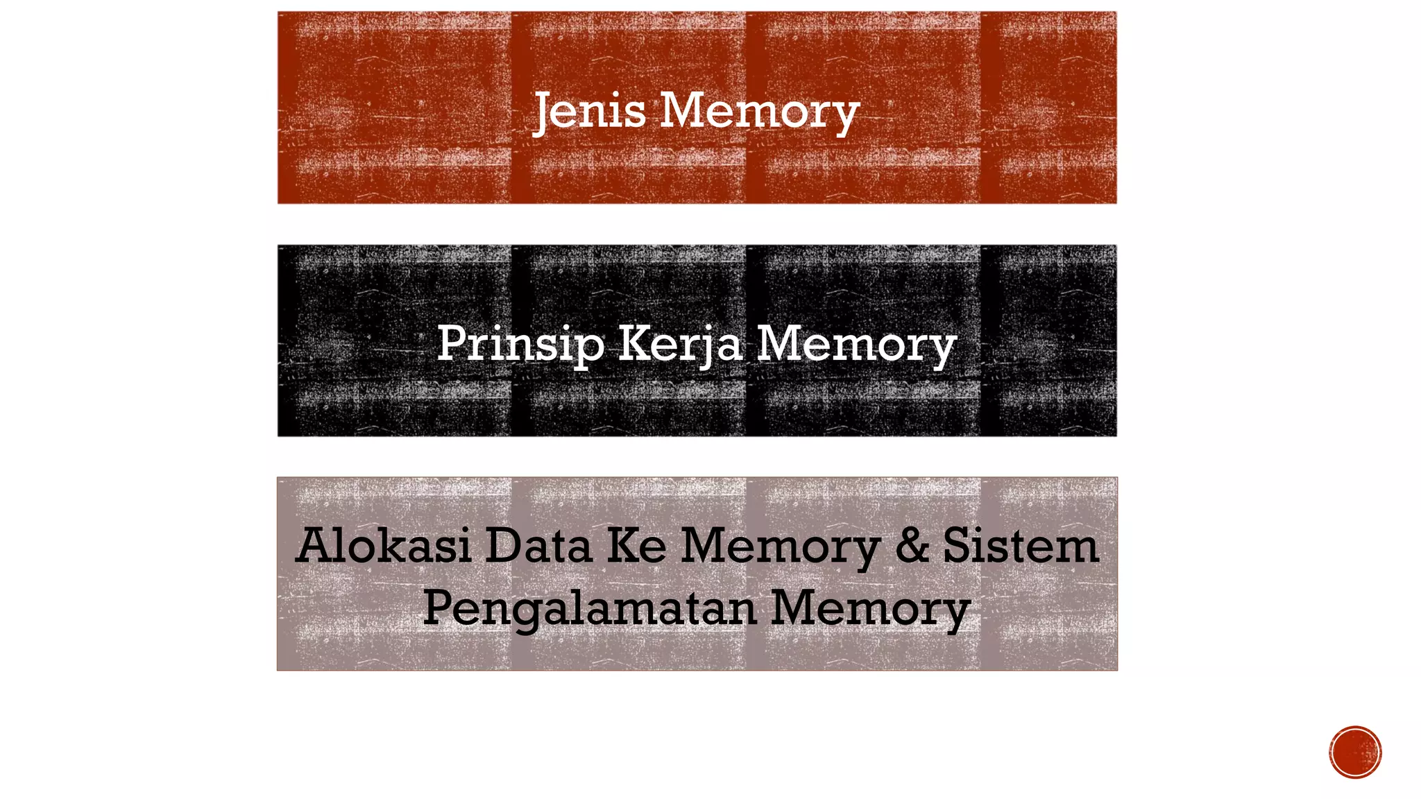 Jenis Memory
Prinsip Kerja Memory
Alokasi Data Ke Memory & Sistem
Pengalamatan Memory
 