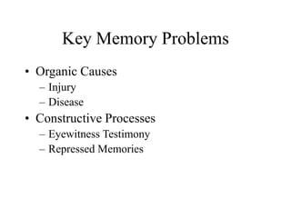 Key Memory Problems
• Organic Causes
– Injury
– Disease
• Constructive Processes
– Eyewitness Testimony
– Repressed Memories
 