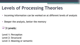 Levels of Processing Theories
• Incoming information can be worked on at different levels of analysis
• Deeper the analysis, better the memory
 3 Levels:
Level 1: Perception
Level 2: Structural
Level 3: Meaning or semantic
 