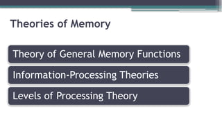 Theories of Memory
Theory of General Memory Functions
Information-Processing Theories
Levels of Processing Theory
 