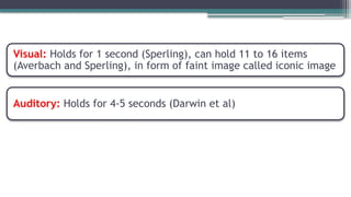 Visual: Holds for 1 second (Sperling), can hold 11 to 16 items
(Averbach and Sperling), in form of faint image called iconic image
Auditory: Holds for 4-5 seconds (Darwin et al)
 