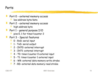 CSE 477 8051 Overview 14
Ports
 Port 0 - external memory access
 low address byte/data
 Port 2 - external memory access
 high address byte
 Port 1 - general purpose I/O
 pins 0, 1 for timer/counter 2
 Port 3 - Special features
 0 - RxD: serial input
 1 - TxD: serial output
 2 - INT0: external interrupt
 3 - INT1: external interrupt
 4 - T0: timer/counter 0 external input
 5 - T1: timer/counter 1 external input
 6 - WR: external data memory write strobe
 7 - RD: external data memory read strobe
 