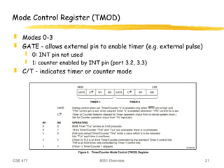 CSE 477 8051 Overview 21
Mode Control Register (TMOD)
 Modes 0-3
 GATE - allows external pin to enable timer (e.g. external pulse)
 0: INT pin not used
 1: counter enabled by INT pin (port 3.2, 3.3)
 C/T - indicates timer or counter mode
 