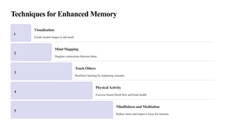 Techniques for Enhanced Memory
1
Visualization
Create mental images to aid recall.
2
Mind Mapping
Diagram connections between ideas.
3
Teach Others
Reinforce learning by explaining concepts.
4
PhysicalActivity
Exercise boosts blood flow and brain health.
5
Mindfulness and Meditation
Reduce stress and improve focus for memory.
 