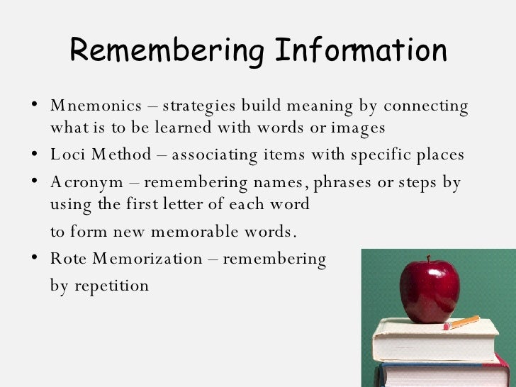 interference and remembering words in short term memory The memory of how the melody sounds is an acoustic code in long-term memory remember: maintenance rehearsal maintains information in short-term ( see long-term memory) the primacy effect occurs when we remember words at the interference is a mechanism whereby the retrieval or storage of information . interference and remembering words in short term memory The memory of how the melody sounds is an acoustic code in long-term memory remember: maintenance rehearsal maintains information in short-term ( see long-term memory) the primacy effect occurs when we remember words at the interference is a mechanism whereby the retrieval or storage of information .
