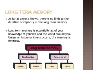  As far as anyone knows, there is no limit to the
duration or capacity of the long term memory.
 Long term memory is essentially all of your
knowledge of yourself and the world around you.
Unless an injury or illness occurs, this memory is
limitless.
 