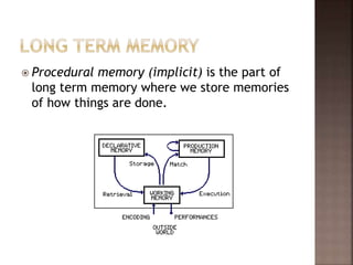  Procedural memory (implicit) is the part of
long term memory where we store memories
of how things are done.
 