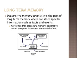  Declarative memory (explicit) is the part of
long term memory where we store specific
information such as facts and events.
 More often than procedural memory, declarative
memory requires some conscious mental effort.
 
