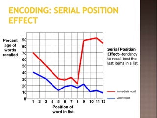 12
Percent
age of
words
recalled
0
90
80
70
60
50
40
30
20
10
Position of
word in list
1 2 3 4 5 6 7 8 9 10 11
Serial Position
Effect--tendency
to recall best the
last items in a list
Immediate recall
Later recall
 