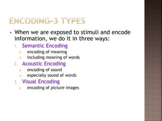  When we are exposed to stimuli and encode
information, we do it in three ways:
1. Semantic Encoding
 encoding of meaning
 including meaning of words
2. Acoustic Encoding
 encoding of sound
 especially sound of words
3. Visual Encoding
 encoding of picture images
 